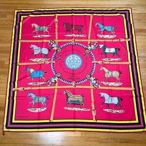 Hermes Fuchsia Horse Motif Silk Scarf with Blue and Yellow Accents